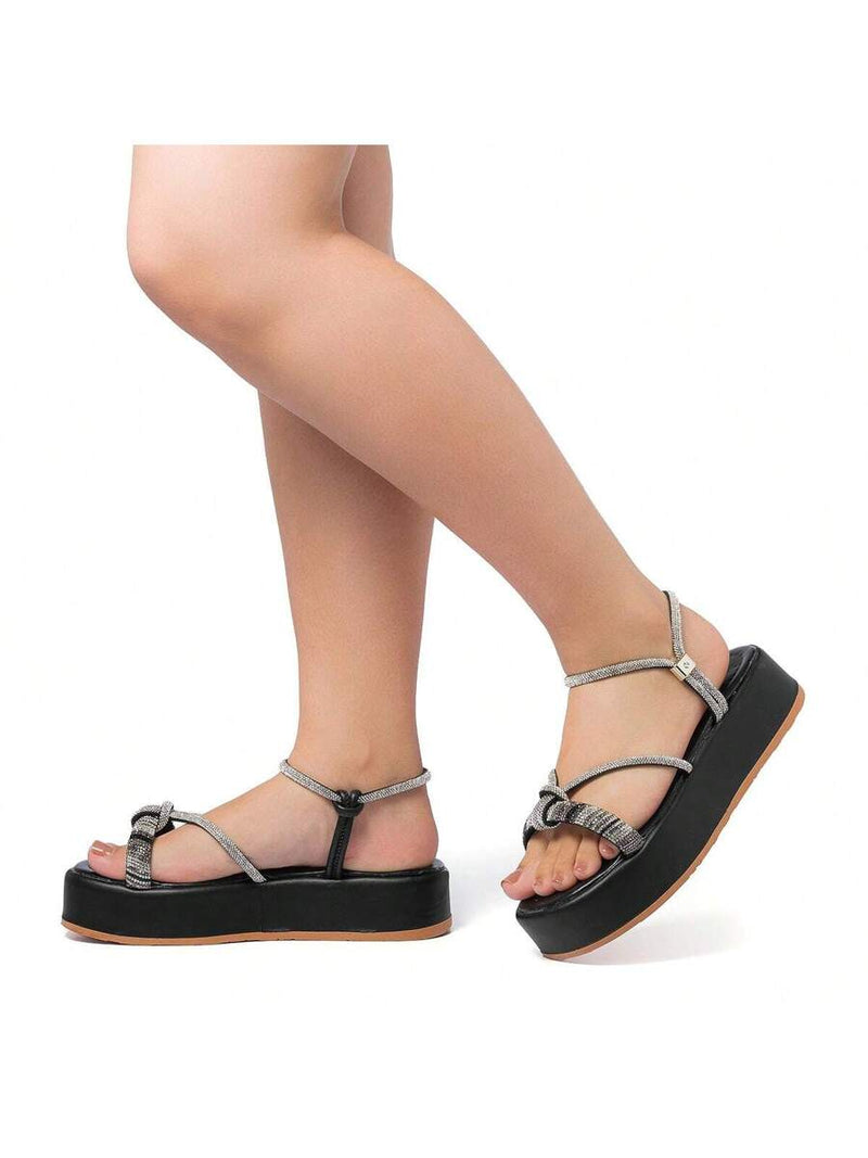 Sandália Feminina Flatform Tira com Brilho Strass Confortável Casual Promoção